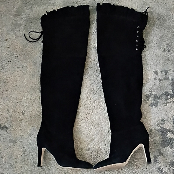 Kelsi Dagger Suede Leather Thigh High Heeled Boots - Picture 1 of 8